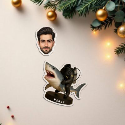 Personalized Bobblehead Caricature with Shark Rider Design, Solar Powered with Shaking Head for Car Dashboard Figurine Funny Car Decor